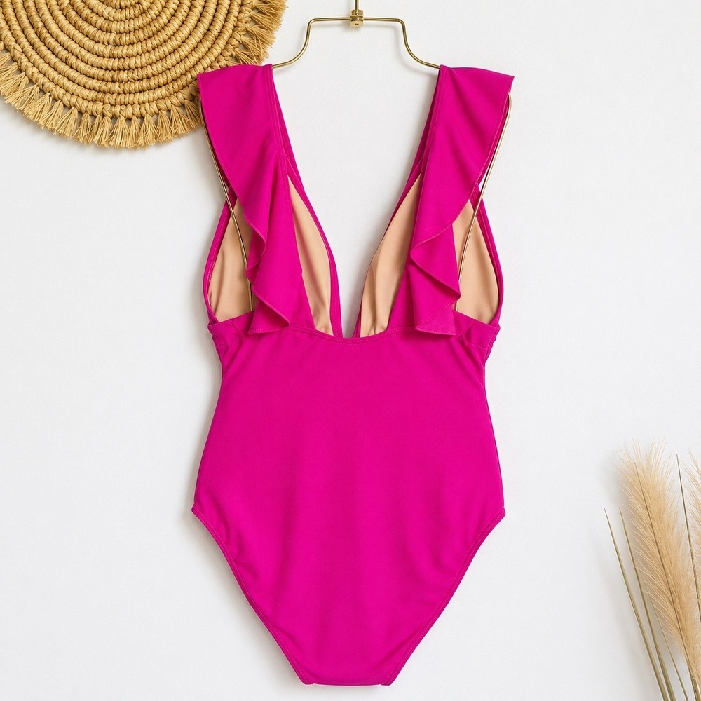J. Crew NEW Radiant Fuchsia Pink Ruched Ruffle V-Neck One Piece Swimsuit SZ 14 - Picture 3 of 11